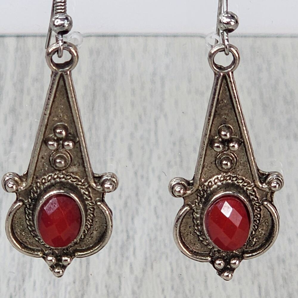 Silver Tone Southwestern Earrings Red Bead Drop Dangle 2” Costume Jewelry Cowgir